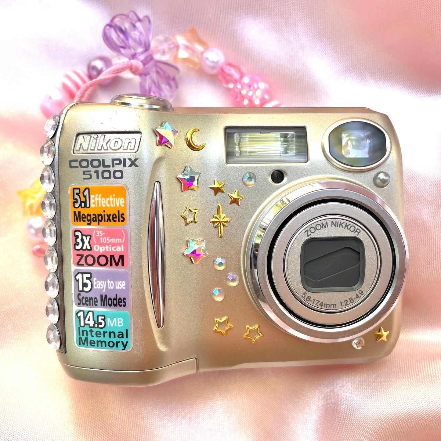 Nikon Coolpix E5100 cute y2k aesthetic bejewelled digicam with beaded strap PreOwned