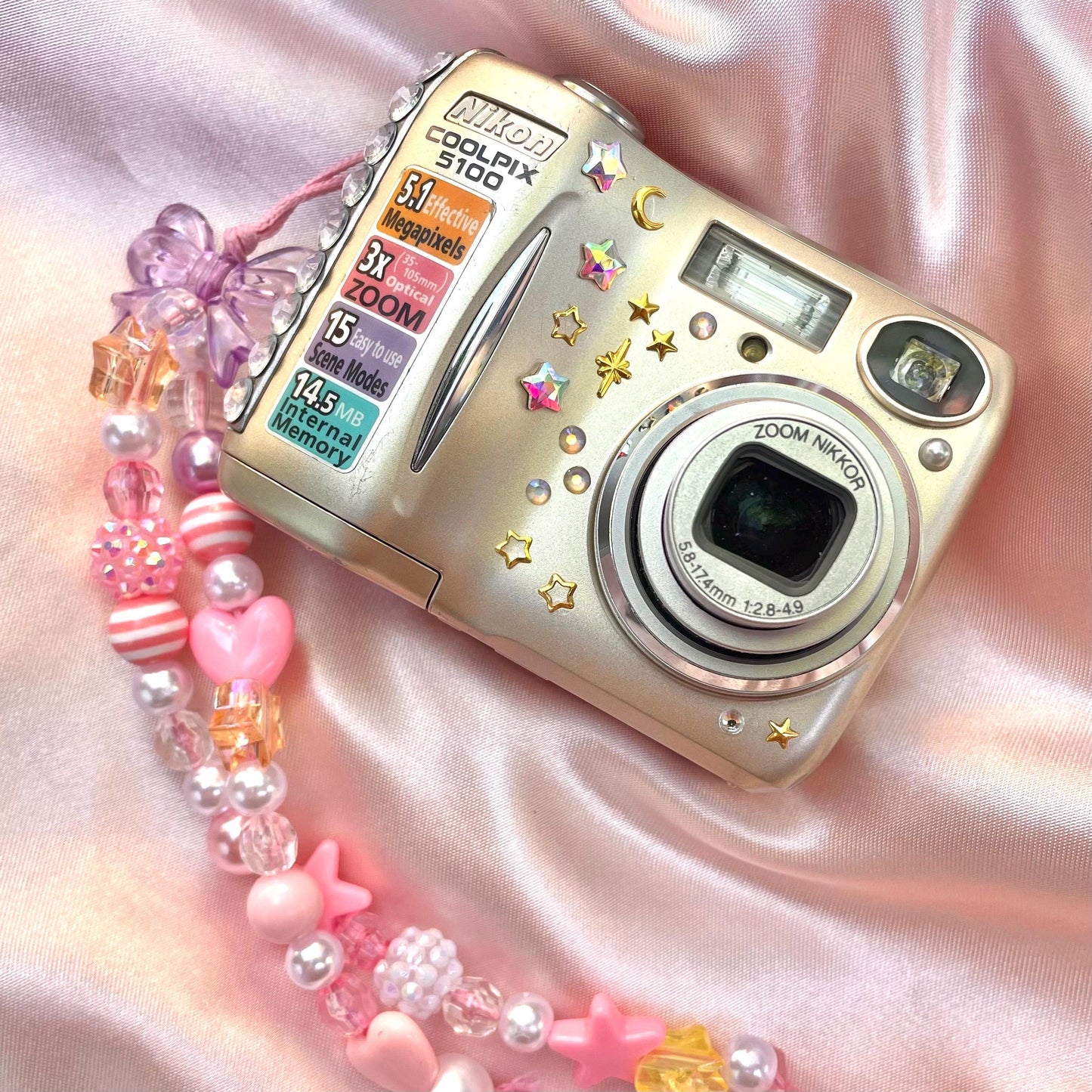 Nikon Coolpix E5100 cute y2k aesthetic bejewelled digicam with beaded strap PreOwned